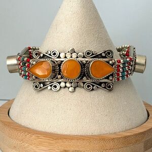 Tibetan  Silver Plated Orange Cabochon Boho Statement Bracelet